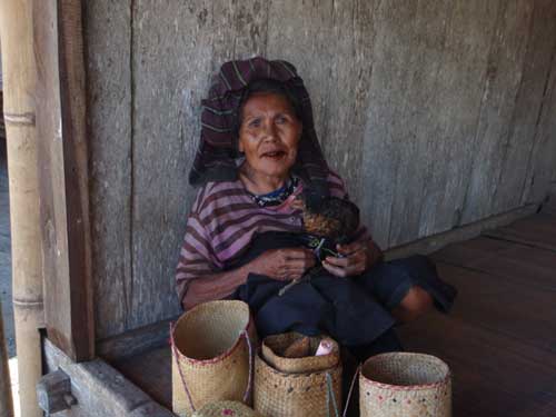 She wove the baskets and is taming the chicken